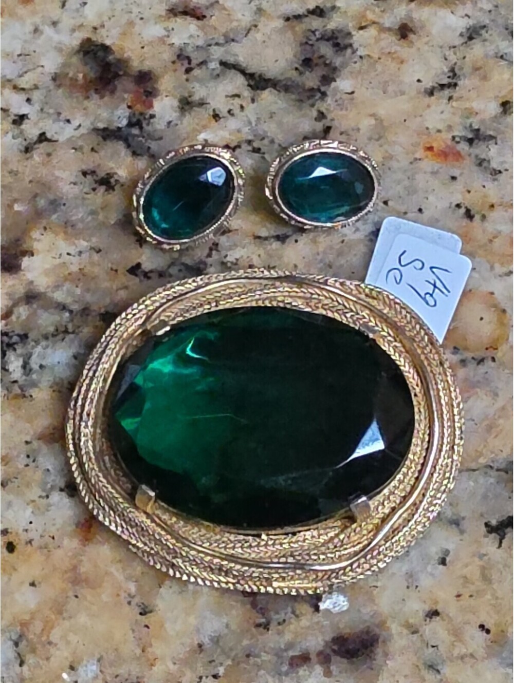 Vintage Selini Goldtone Emerald Rhinestone Brooch Pin N Pierced Earrings Set